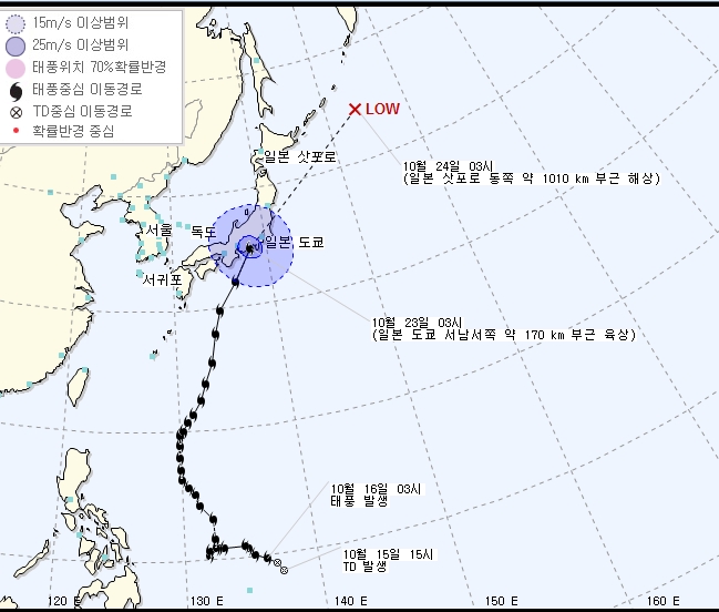 기상청은 제21호 태풍 '란 (LAN)' 이 23일 오전 3시 일본 도쿄 서남서쪽 약 170 km 부근 육상에서 북동진하고 있다고 밝혔다./기상청