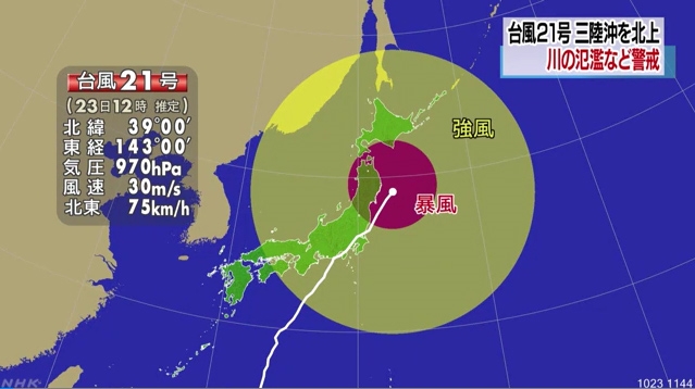초대형 태풍 '란'이 일본을 강타하면서 인명·주택·교통 피해가 잇따르고 있다. 23일 오전까지 집계된 태풍 사망자는 3명이며 2명이 중태, 1명은 실종 상태인 것으로 전해졌다 / 사진=일본 NHK 화면 캡처