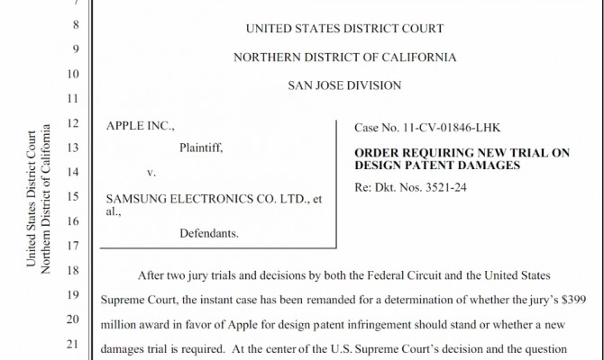 미국 연방지방법원 캘리포니아 북서부 산호세 지방법원은 22일(현지 시간) '애플vs삼성'의 특허권 침해에 대한 새로운 재판을 요구하는 명령을 하달했다.