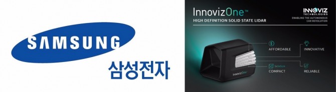 삼성전자 로고(왼쪽)과 이노비즈 테크놀로지스는 개발한 라이더 ‘이노비즈원(InnovizOne)’.