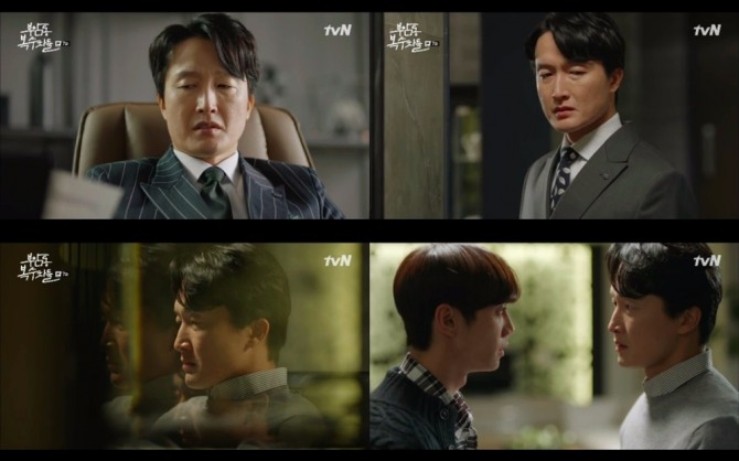 1일 밤 방송된 tvN 수목드라마 '부암동 복수자들' 7회에서는 이병수(최병모)가 아내 김정혜(이요원)과 아들 이수겸(이준영)이 복자클럽으로 활동하는 은밀한 사생활을 눈치채고 의심하기 시작하는 긴장감 넘치는 장면이 그려졌다. 사진=tvN 방송 캡처