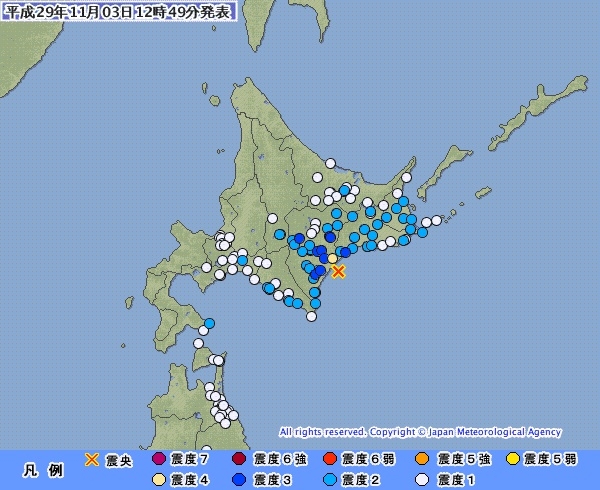 3일 오후 12시 45분께 일본 홋카이도에서 규모 5.1의 지진이 발생했다 / 사진=일본 기상청