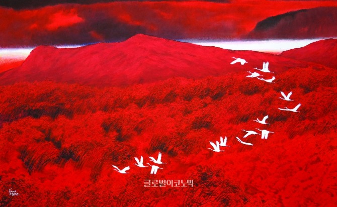 장안순 작 붉은갈대, 180×110cm, 장지, 수묵, 아크릴, 2016