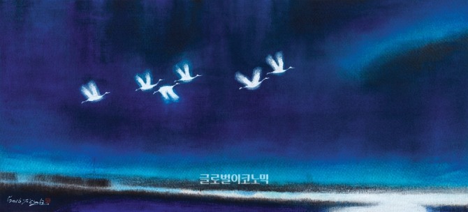 장안순 작 비상, 110×50cm, 마직, 수묵, 아크릴, 2016