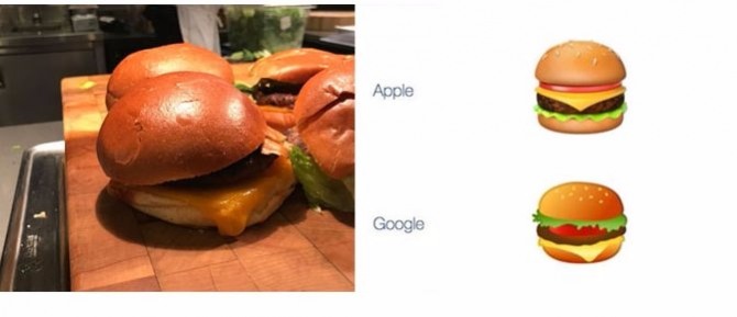 구글 시애틀 지사에서 판매되는 '안드로이드 햄버거'. 구글 햄버거 이모티콘을 구현해냈다. 애플도 상추가 가장 밑에 깔린 이모티콘으로 미국 현지 누리꾼들로부터 지적을 받고 있다.