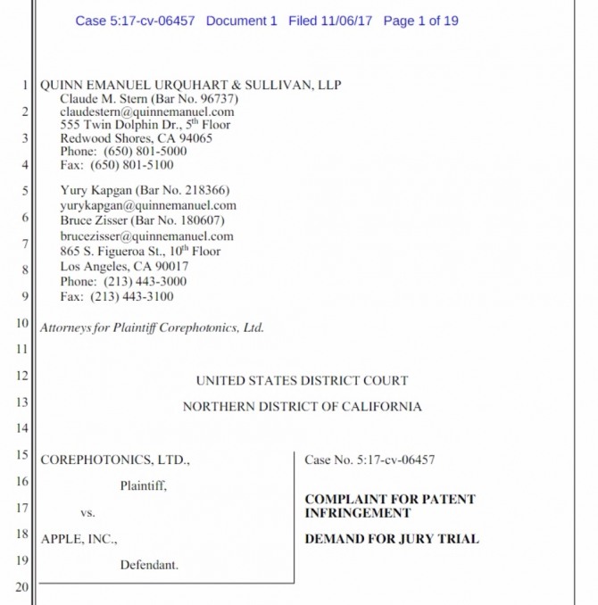 11월 6일(현지 시간) 미국 캘리포니아 북서부 연방지방법원에 제출된 듀얼카메라 특허 침해 소장 전문. 자료=스크라이브드