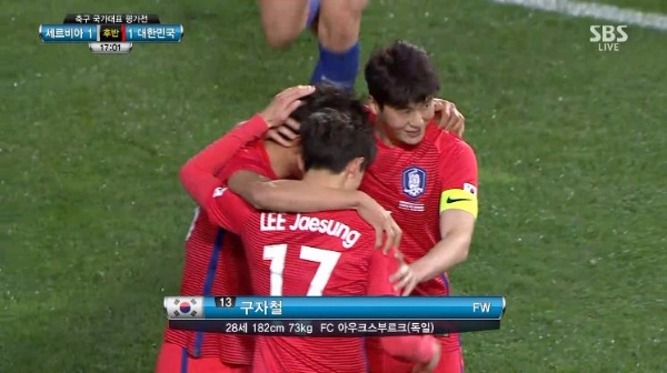 한국 대표팀의 구자철이 오랜만에 골맛을 보며 A매치 19번 째 골을 성공했다. 출처=SBS