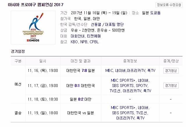 아시아 프로야구 챔피언십 2017 경기 정보 화면 캡처.