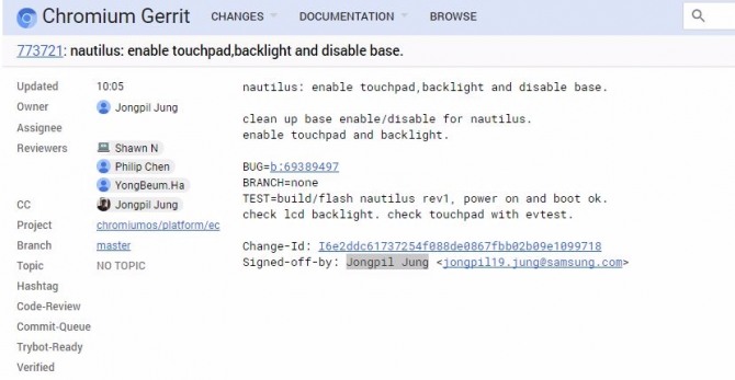 터치 패드와 백라이트 기능을 활성화하는 내용의 펌웨어 업데이트 알림.삼성전자가 노틸러스 프로젝트에 주도적으로 참여하고 있음을 알 수 있다. 하단에 삼성 이메일을 쓰는 '정종필'이란 인물이 이 프로젝트를 주도하고 있음을 확인할 수 있다. 사진=구글 크로미움 저장소.