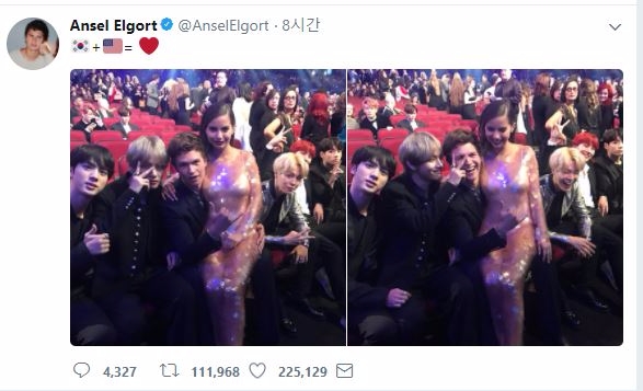 헐리우드 배우 안셀 엘고트가 그룹 방탄소년단과 함께 찍은 사진은 트위터에 공개했다. 사진 = 안셀 엘고트 트위터 