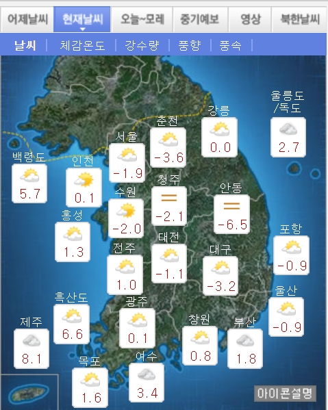 기상청은 서울 춘천 대전 수원 청주 등이 아침에 영하의 기온을 보이겠다고 예보했다. 사진=기상청