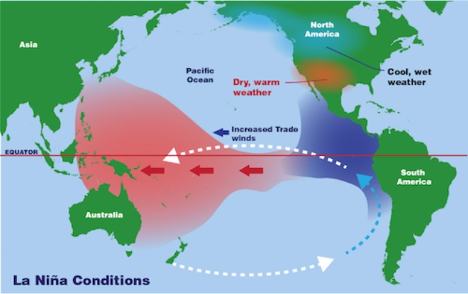 라니냐(La Niña)는 따뜻한 물과 구름이 서쪽으로 흐르게 한다. 이로 인해 인도네시아와 호주 등에는 평소보다 훨씬 더 많은 비가 올 수 있다. 자료=NASA Space Place