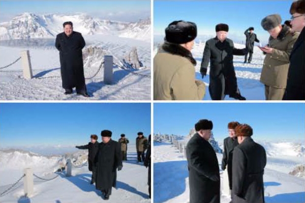 북한 김정은 국무위원장이 최룡해 당 부위원장 등과 함께 백두산에 올랐다고 노동신문이 9일 보도했다. / 뉴시스 