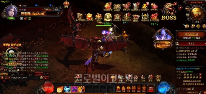 뮤 템페스트 인 게임 모습. 조금 과장하면 그저 숨만 쉬고 있으면 캐릭터가 성장한다. 퀘스트는 그저 레벨업을 위한 도구로 전락한다. 복잡한 UI 탓에 게임에 집중하기 쉽지 않다.