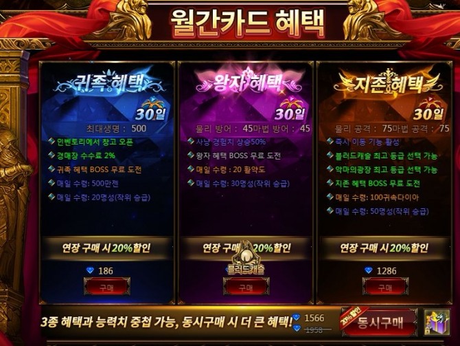 매월 현금을 지불하면 캐릭터가 강해지는 '월간 카드 혜택'. 사실상의 월과금제나 마찬가지다.