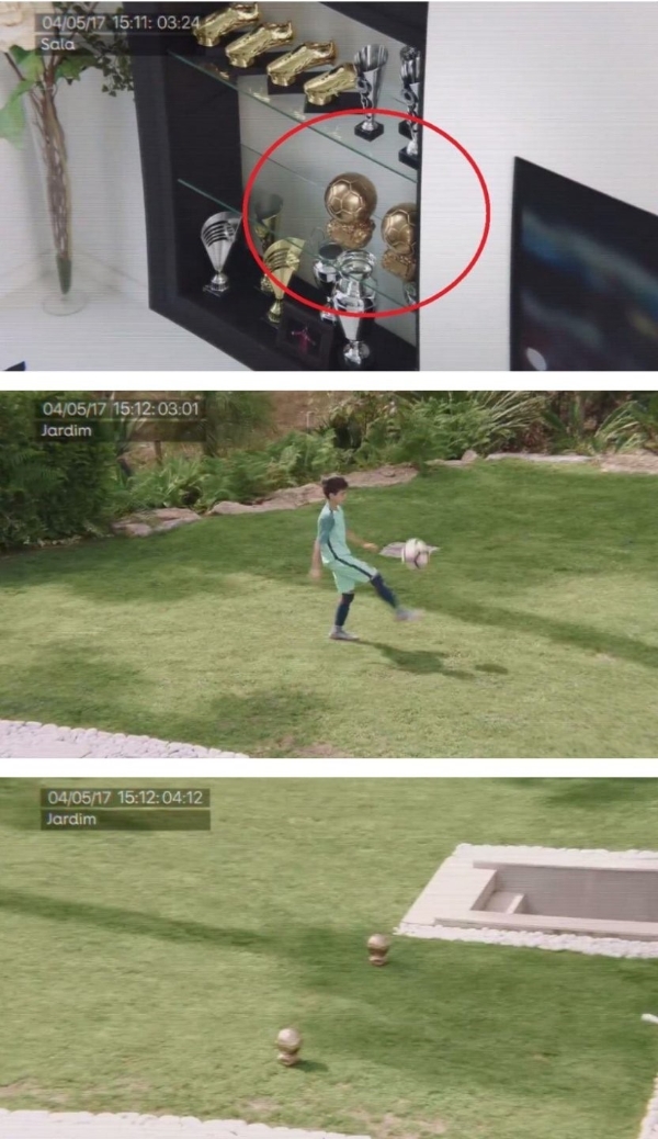 엘클라시코를 앞두고 호날두의 아들이 발롱도르 상으로 골대를 만들어 놓고 축구를 즐기는 모습이 화제다. 사진=온라인 커뮤니티