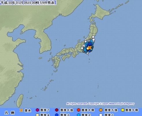일본 지진이 6일 자정 발생했다. 자료=일본 기상청