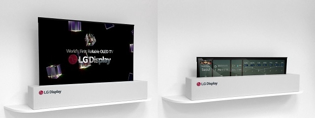 LG디스플레이가 CES 2018에서 공개한 65인치 UHD 롤러블 디스플레이.
