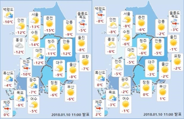 11일 전국의 아침 최저기온(좌)과 낫 최고기온(우). 사진=기상청 홈페이지 캡처