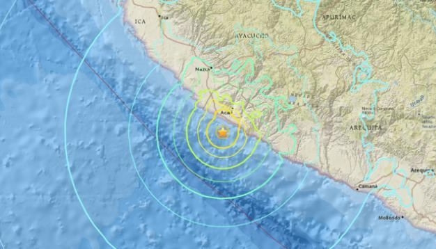 규모 7.1의 강진이 발생한 페루 남부 해안. 이번 지진으로 2명이 사망하고 65명이 부상당했다. 자료=미국 지질조사국