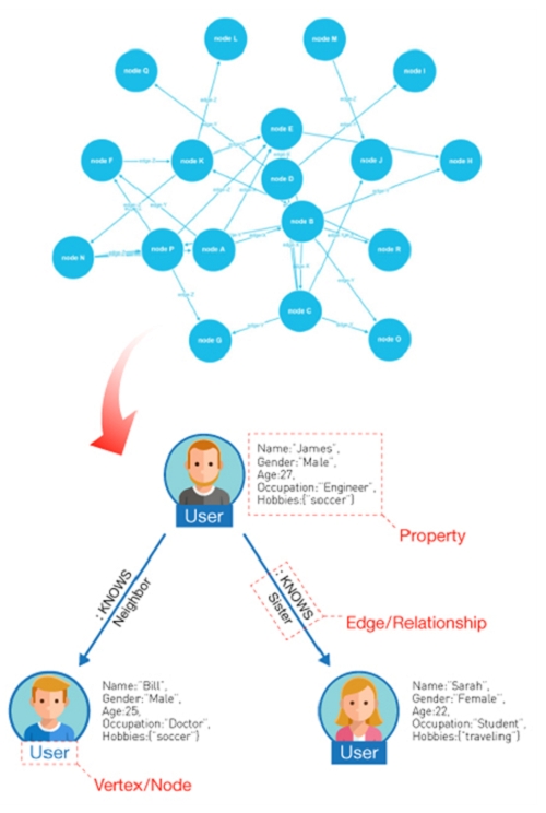 소셜 상의 인적 관계를 시각화한 그래프 데이터베이스(GDB) 예시. 자료=비트나인. 