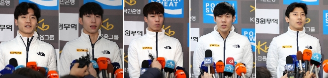 10일 2018 평창동계올림픽대회 G-30 미디어데이 행사에서 남자 쇼트트랙 서이라(왼쪽부터), 임효준, 황대헌, 김보겸, 곽윤기가 각각 인터뷰를 하고 있다. 사진=뉴시스 