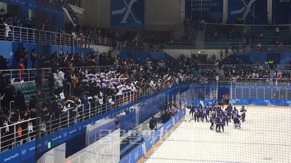 관중들이 던진 인형을 하나하나 줍는 남북단일팀. /사진=평창특별취재팀