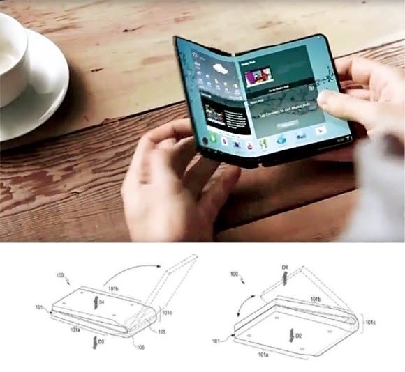 삼성전자 폴더블폰 콘셉트 이미지(상단)와 최근 획득한 관련 특허.