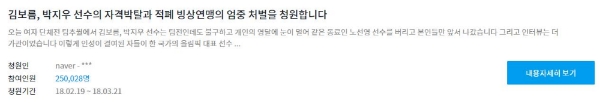김보름·박지우 선수의 자격박탈을 원하는 청와대 국민청원은 하루만에 25만명을 돌파했다. 사진=청와대 홈페이지 캡처