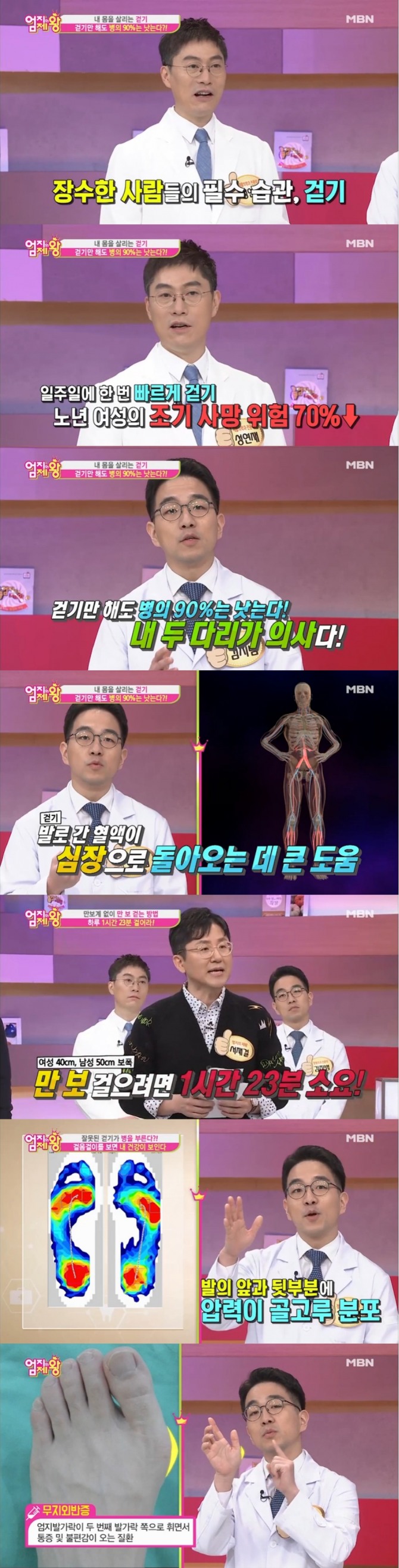 6일 오후 방송된 MBN '엄지의 제왕'에서는 성연재 정형외과 전문의와 김지범 정형외과 전문의가 출연, 걷기의 중요성과 바르게 걷는 건강한 걸음걸이에 대해 소개했다. 사진=MBN 방송 캡처