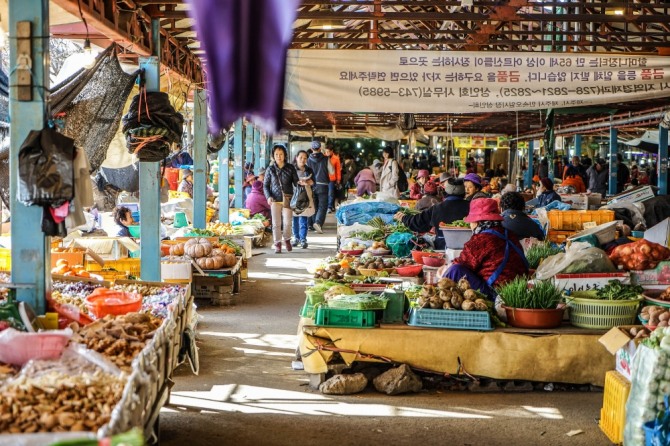 조상들은 음력을 기준으로 장날을 일육장(1일6일), 이팔장(2일8일), 오십장(5일10일) 등으로 설정하여, ‘송파 일육장’ ‘공릉 오십장’처럼 지역장시의 첫 날을 기준 삼았다. 사진은 제주 오일장.