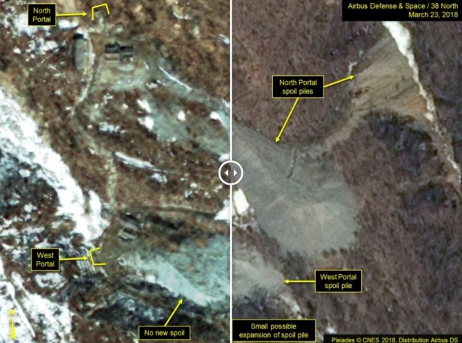 함경북도 길주군 풍계리에 위치한 북한의 지하 핵실험장에 대해 3월 2일 촬영된 사진(좌)과 3월 23일 사진(우)을 비교하면 웨스트 포털의 터널 굴착이 상당히 둔화된 것을 알 수 있다. 자료=38노스