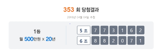 연금복권 353회차 1등 당첨번호가 발표됐다. 사진=나눔로또 홈페이지