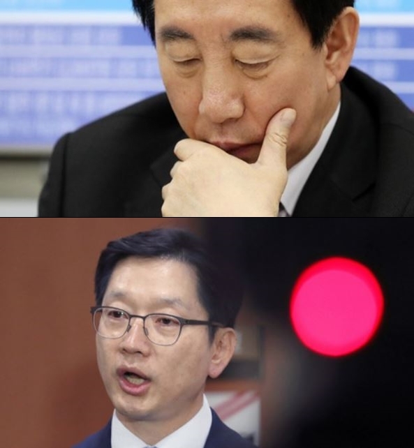 15일 김성태(위) 자유한국당 원내대표를 포함한 야당 의원들이 김경수 더불어민주당 의원에 대해 일침을 가하고 있다.