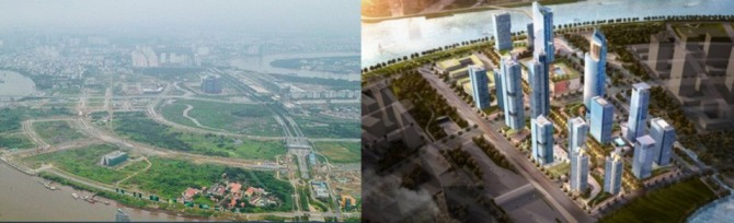 롯데자산개발이 개발 중인 베트남 스마트시티 사업 부지(왼쪽)과 조감도.