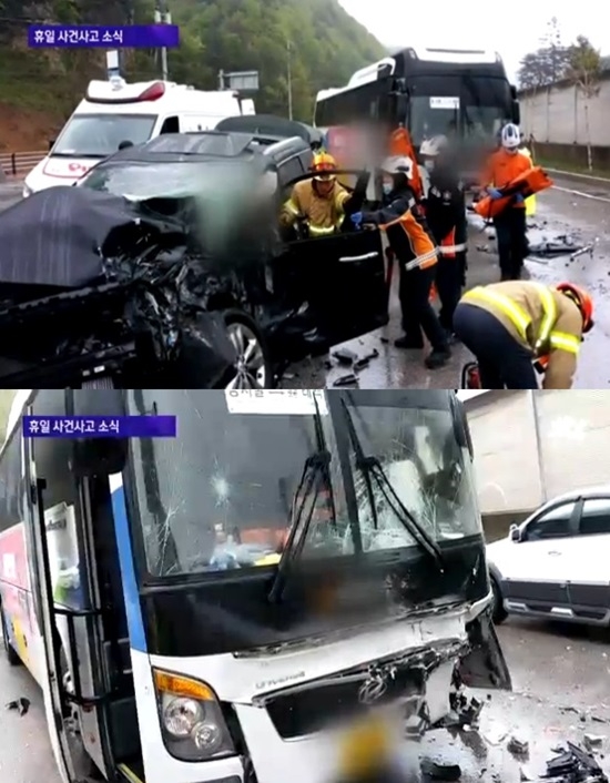 강원도 태백서 버스와 충합차가 충돌해 9명이 다쳤다. 사진=JTBC 방송화면