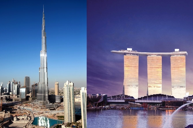 삼성물산이 아랍에미리트(UAE) 두바이에 건설한 버즈두바이(왼쪽)와 쌍용건설이 싱가포르에서 시공한 마리나 베이 샌즈 호텔.