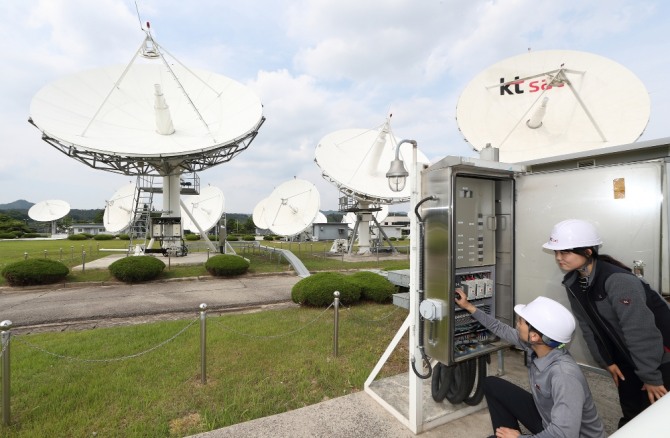 KT SAT 직원들이 금산위성센터에서 위성 안테나를 점검하고 있는 모습