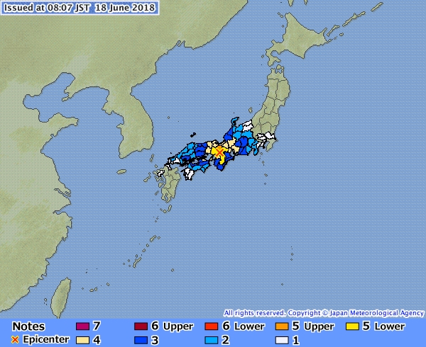 18일 일본 오사카에서 규모 5.9 지진이 발생했다. 사진=일본 기상청