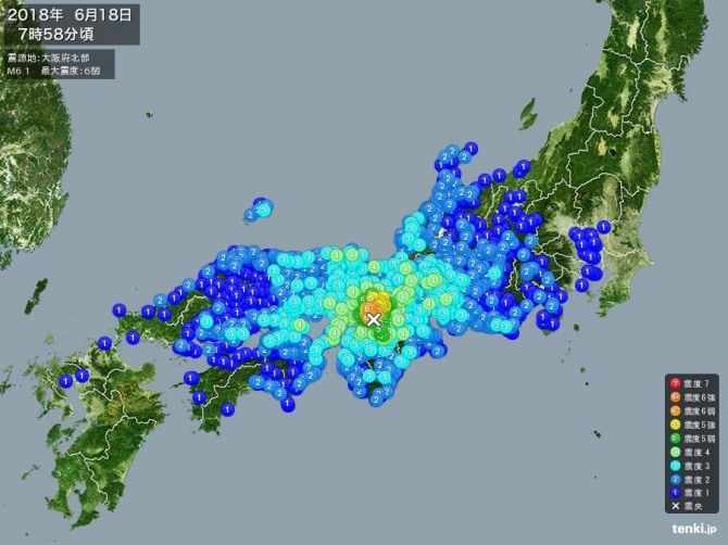 6월 18일 오사카를 중심으로 진도 6.1의 지진이 발생했다. 자료=tenki.jp