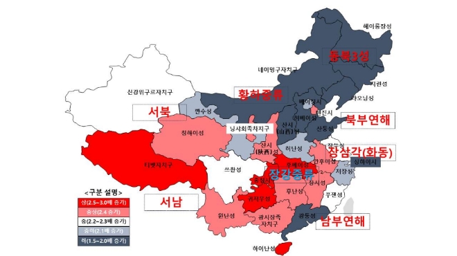'신창타이(뉴노멀)‘ 기간(2009~2016년)에 중국 지방(성·시)별 GDP 증가폭. 사진=코트라