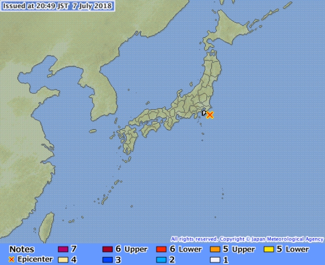 일본 지바현 남동쪽 해안에서 지진이 일어났다. 사진=일본 기상청 홈페이지 캡쳐