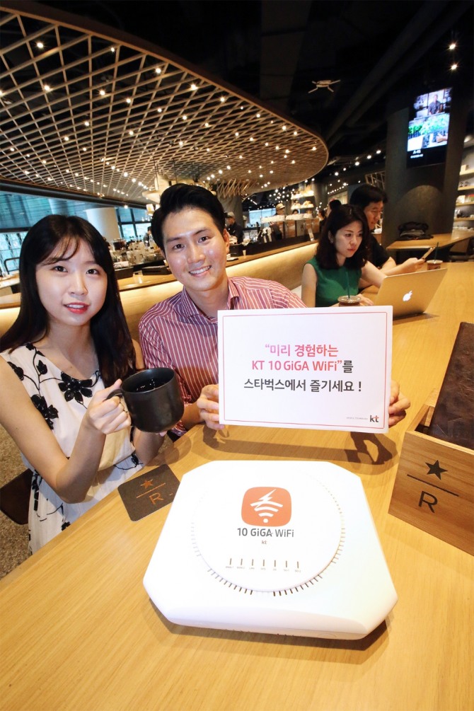KT가 스타벅스커피 코리아와 손잡고 10G 인터넷 기반 ‘10 GiGA WiFi’를 한국 스타벅스 매장에 제공한다고 17일 밝혔다.