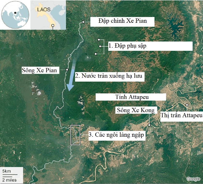 라오스의 붕괴된 수력 발점 댐이 있는 지역 지도.