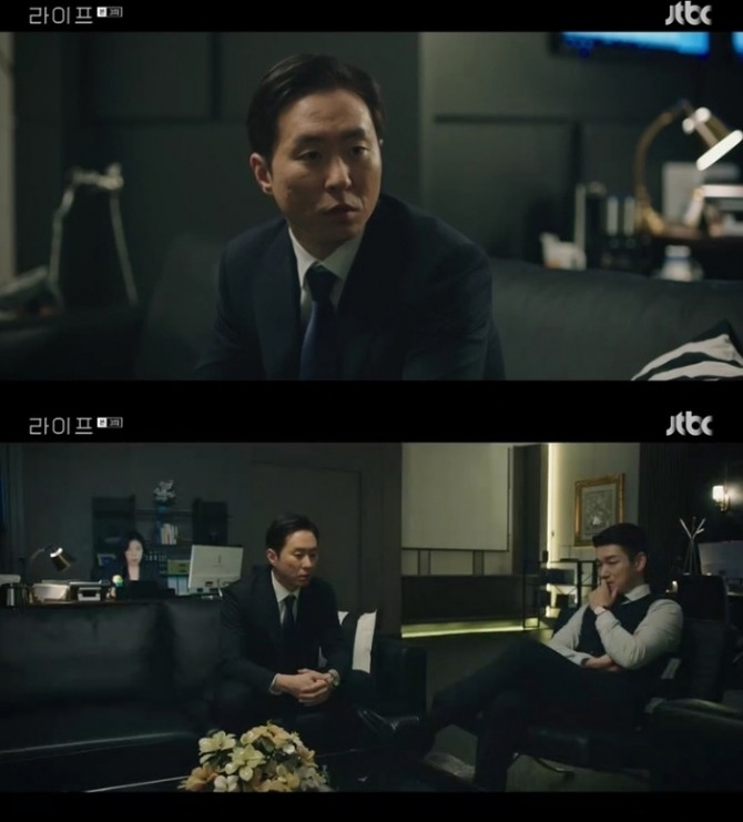 지난 30일 방송된 JTBC 월화 드라마 '라이프'3회에서 이현균은 조승우의 조력자이자 카리스마 넘치는 구조조정실장 역으로 첫 등장해 화제를 모으고 있다. 사진=JTBC 방송 캡처