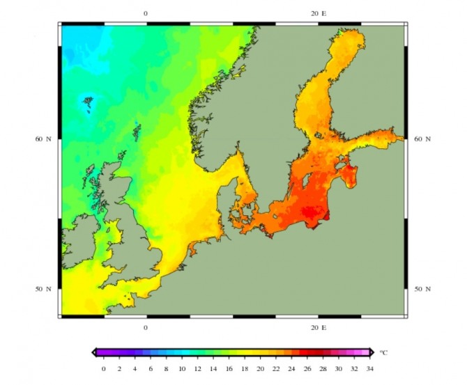 8월 5일 북해와 발트해 수온. 자료=덴마크 기상연구소