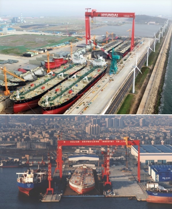 한국과 중국이 올 상반기 조선업 성적표를 받고 엇갈린 표정을 짓고 있다. 사진=현대중공업과 중국 다롄조선. 
