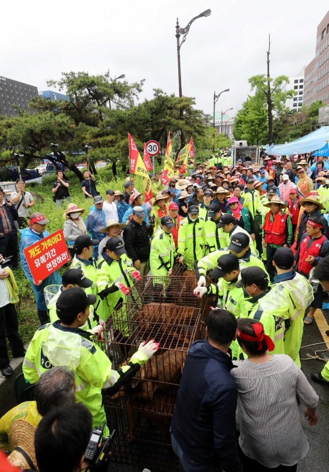 육견단체협의회 회원들이 서울 뎡등포구 국회의사당 인근 도로에서 열린 생존권 보장 집회에서 우리 안에 갇혀 있는 개들을 이동시키려 하면서 경찰들과 실랑이를 하고 있다. 사진=뉴시스