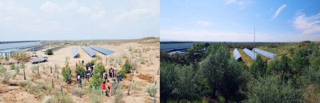한화그룹이 중국 닝샤 지역 사막에 한화 태양의 숲을 조성하기 전(좌/2013년)과 후(우/2017년)의 모습. 사진=한화 