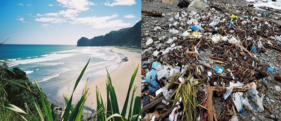 평소 뉴질랜드 서해안의 모습(왼쪽)과 태풍 '페히'가 지나간 후 뉴질랜드 서해안이 비닐봉지로 뒤덮힌 모습(오른쪽). 사진=글로벌이코노믹(왼쪽) / Tony Kokshoorn 페이스북(오른쪽)
